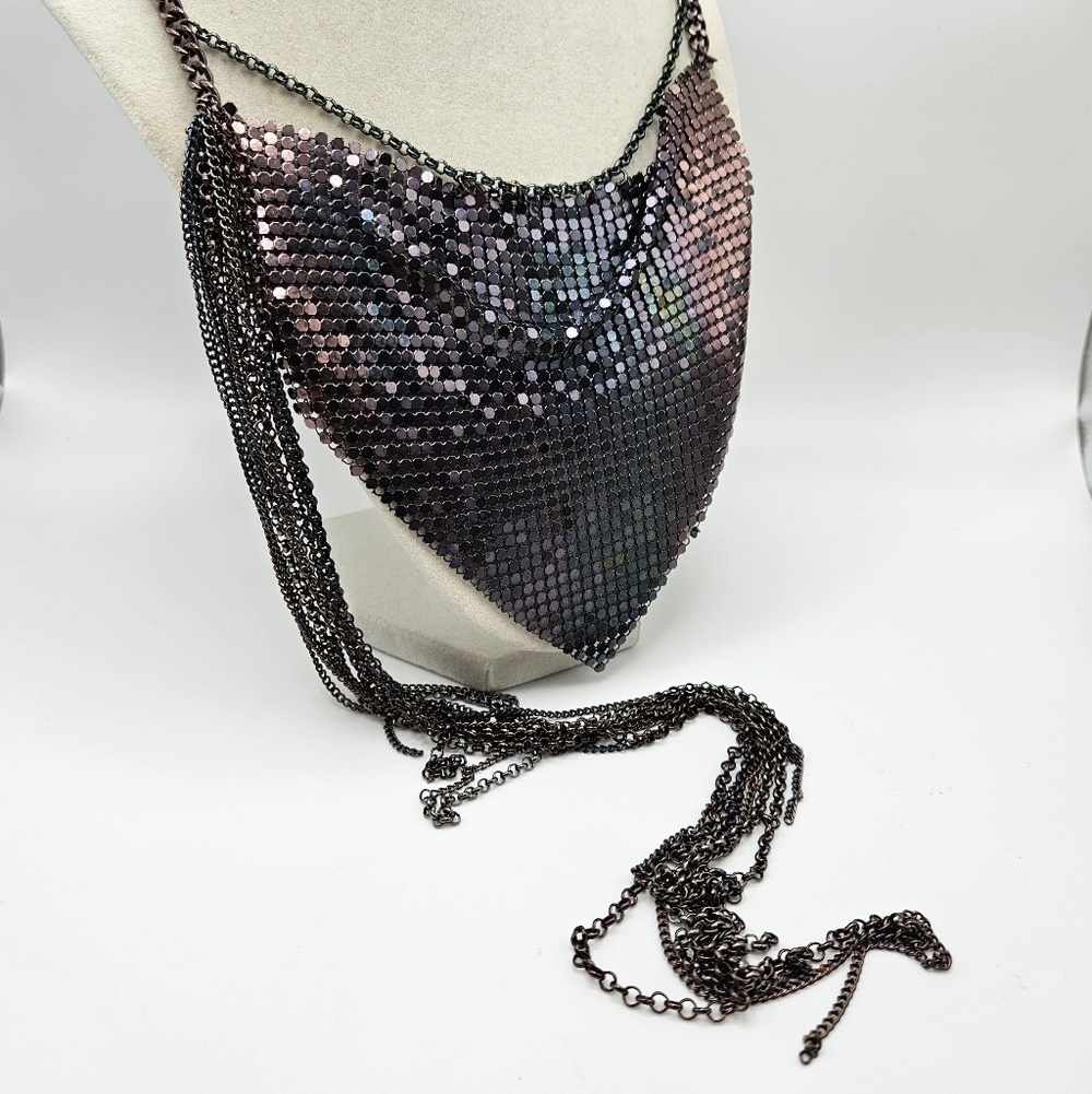 VINTAGE Unique Rainbow Metal Mesh Statement Bib Long Tassel Chain Necklace